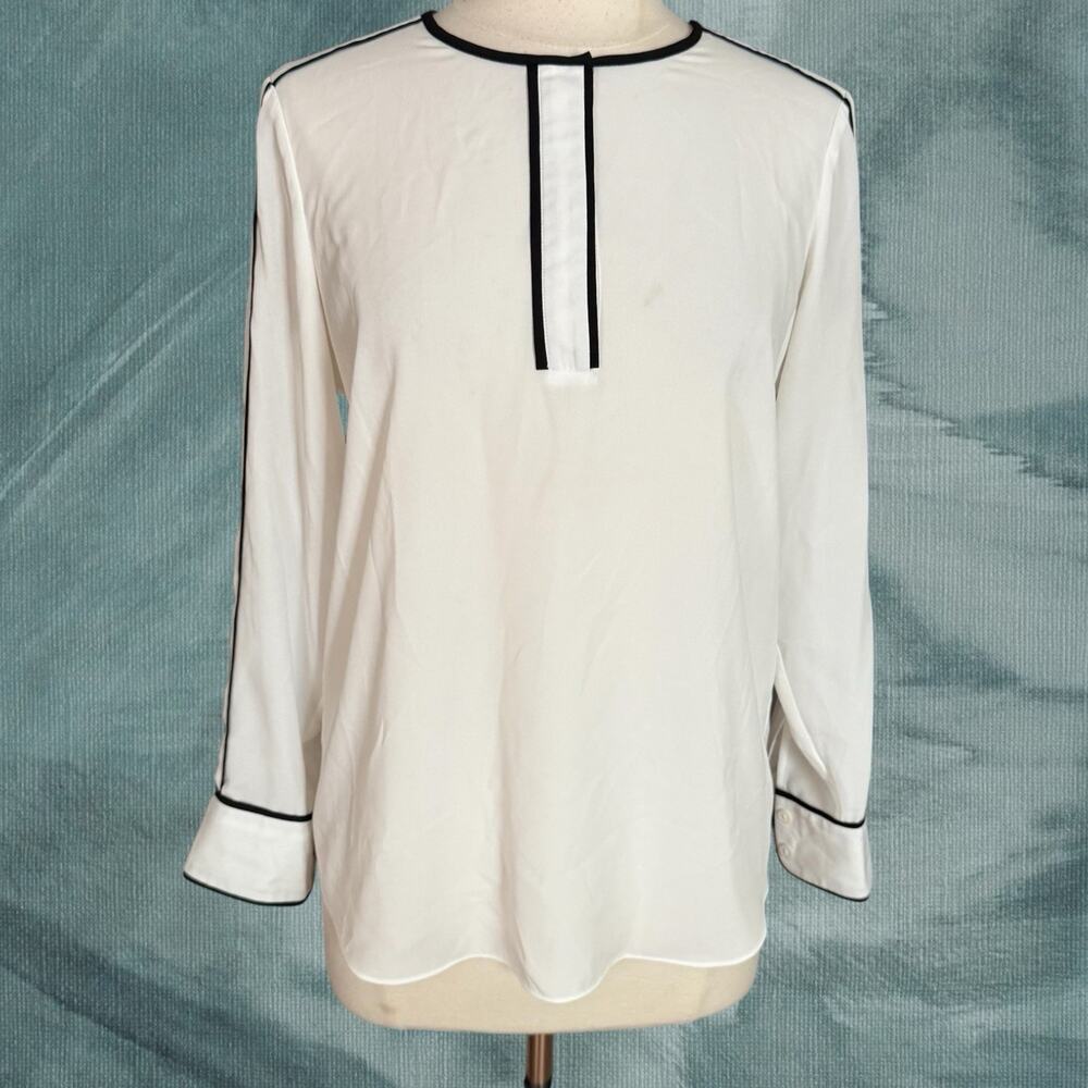 Vince Camuto Blouse Top Sz S Women White Black Piping Long Sleeves Career Preppy